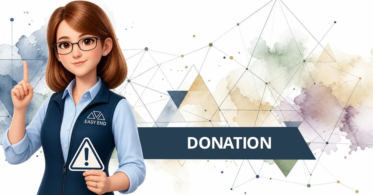 Lucie, l'assistante EasyEnd, lève l'index et tient un panneau d'attention, devant un bandeau « Donation »