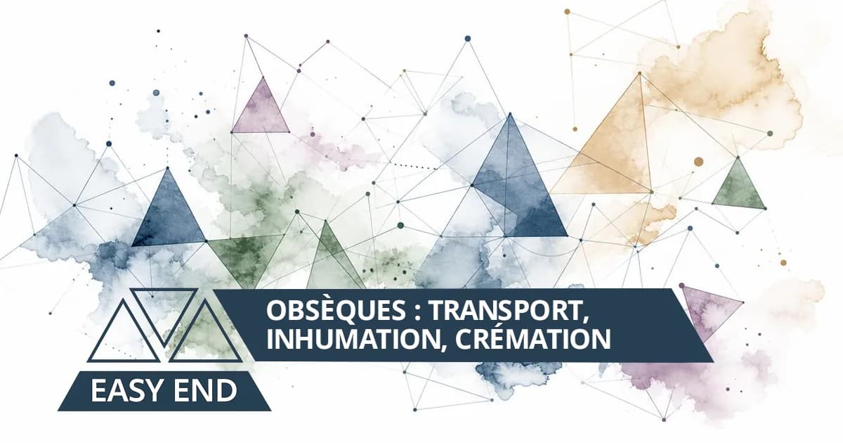 Obsèques : transport, inhumation, crémation. Composition graphique EasyEnd en aquarelle et lignes géométriques