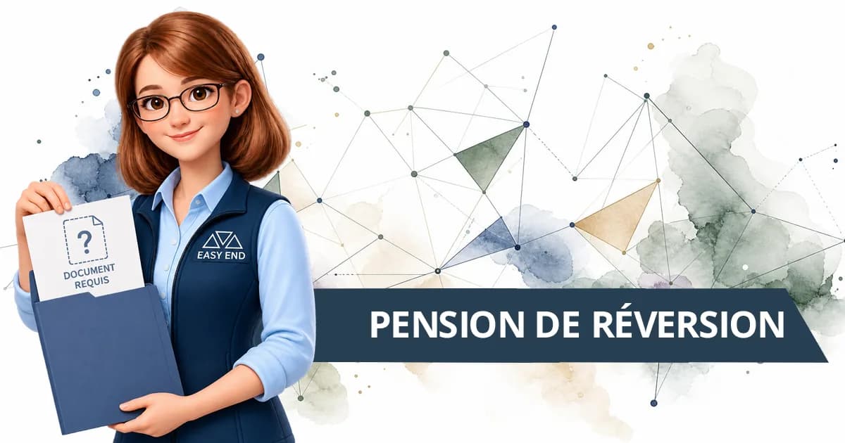 Une conseillère EasyEnd présente un dossier ouvert contenant une feuille « Document requis », devant une composition à l’aquarelle, et le bandeau « Pension de réversion »