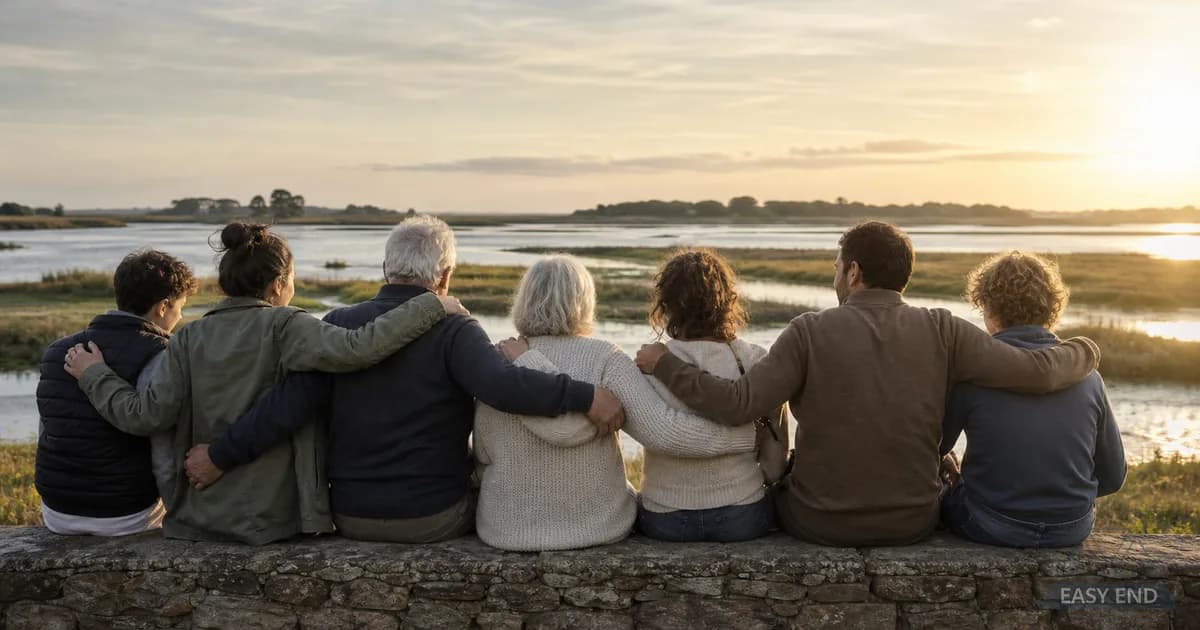 Famille marchant ensemble en plein air, lumière dorée