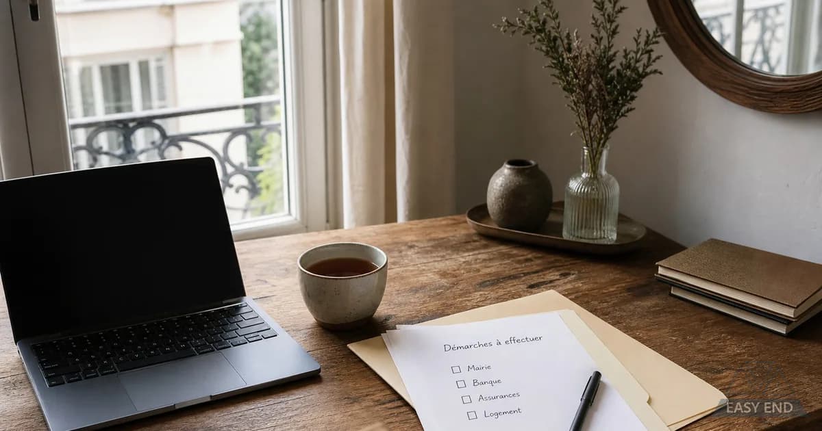 Cahier ouvert et stylo posés sur un bureau, lumière du matin