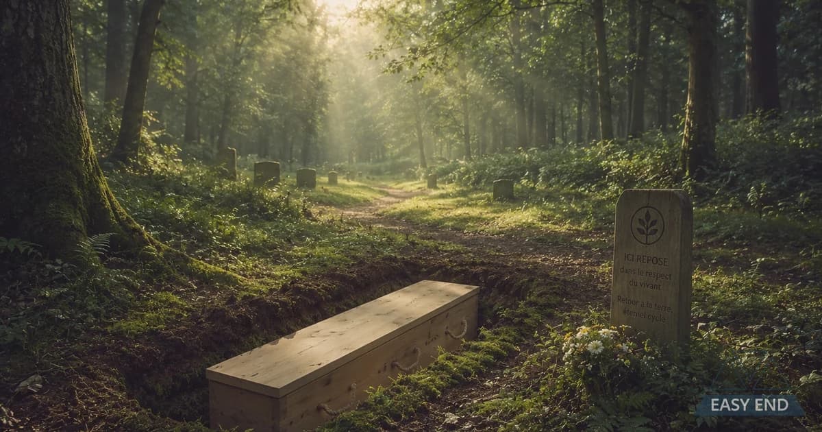 Forêt avec lumière du soleil filtrant entre les arbres, évoquant un cimetière forestier naturel