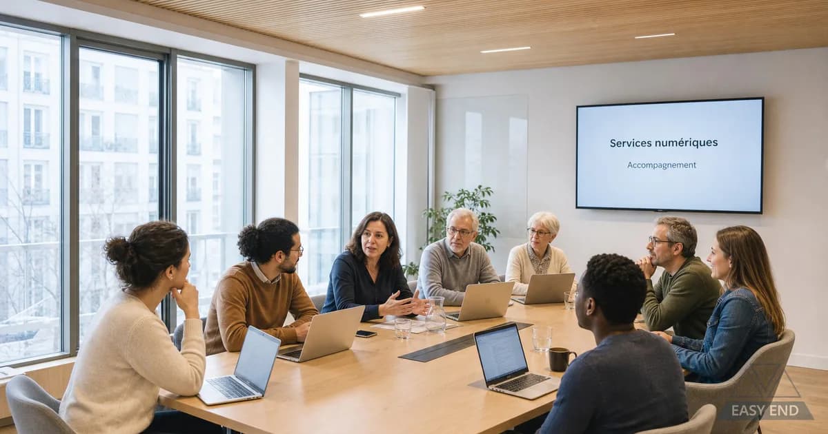 Espace de travail moderne d'une startup, illustration DeathTech française