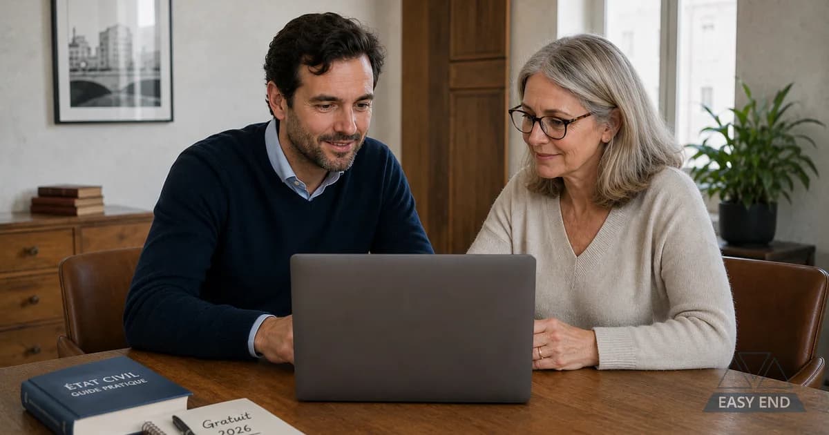 Un homme et une femme aux cheveux gris consultent ensemble le site service-public.fr pour déclarer un décès en ligne, sur un ordinateur portable