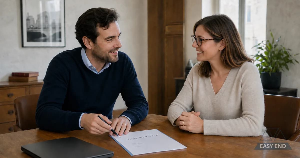 Un couple assis à une table sourit en remplissant un document intitulé « Projet de succession », illustration héritage PACS et concubinage