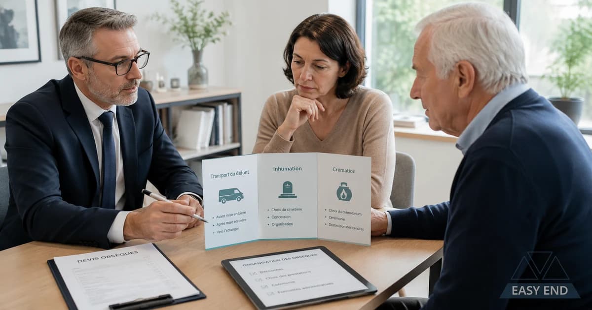 Un conseiller funéraire présente à un couple de personnes âgées une brochure comparant transport du défunt, inhumation et crémation, à côté d'un devis d'obsèques